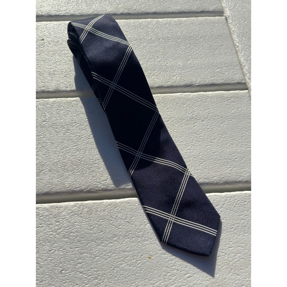 Altea Milano Silk Tie Navy Blue White Windowpane Plaid Skinny Made in Italy